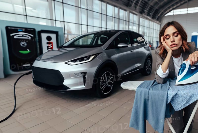 Sleepy bored patient young business woman ironing while waiting ev electric hybrid car suv to charge battery to continue travel art ai generated