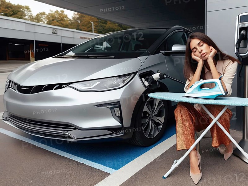 Sleepy bored patient elegant young business woman ironing while waiting ev electric hybrid car suv to charge battery to continue travel art ai generated
