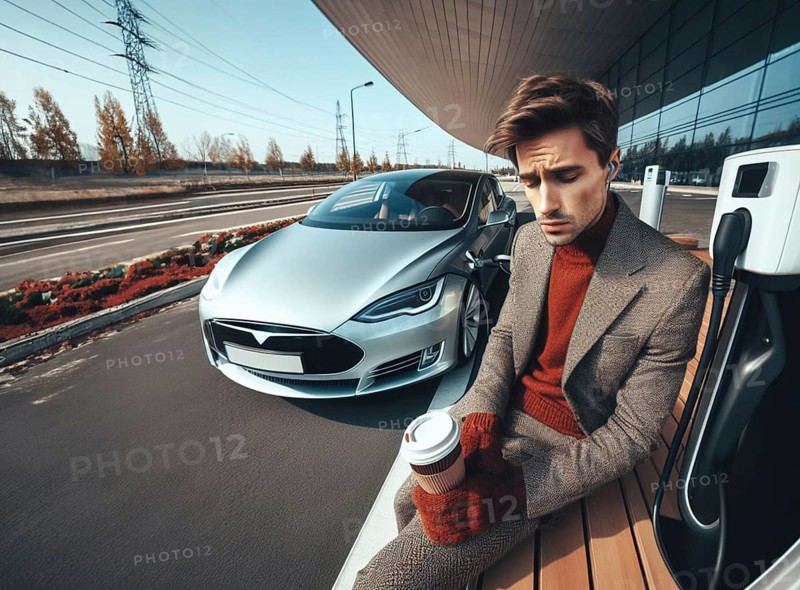 Sleepy bored adult caucasian business fahionista young caucasian man wearing suit wait ev electric hybrid car suv full charge battery to continue travel