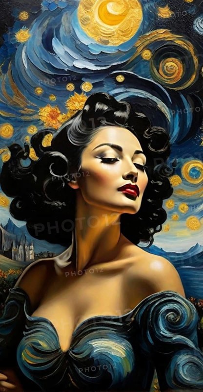 Carved and painted fantastical brunette female creature in elegant gala party dress