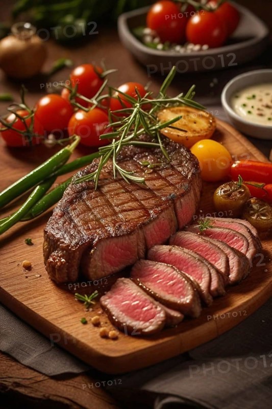 Delicious grilled perfectly cooked meat sliced steak on a wooden plate srrounded by veggies