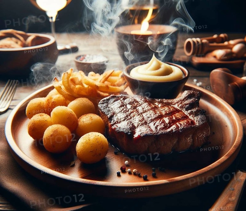 A grilled smoking bovine red meat sirloin steak in a wood dish