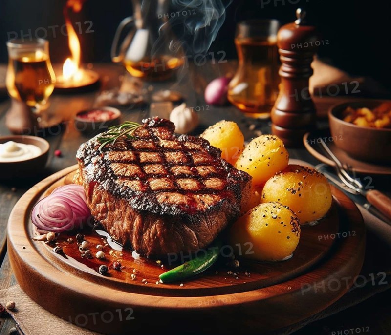 A grilled smoking bovine red meat sirloin steak perfectly coocked in a wood dish