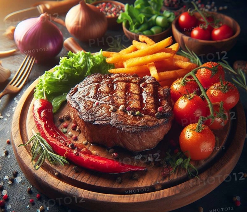 A grilled smoking bovine red meat sirloin steak perfectly coocked in a wood dish