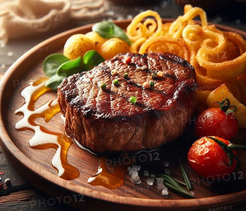 A grilled smoking bovine red meat sirloin steak perfectly coocked in a wood dish