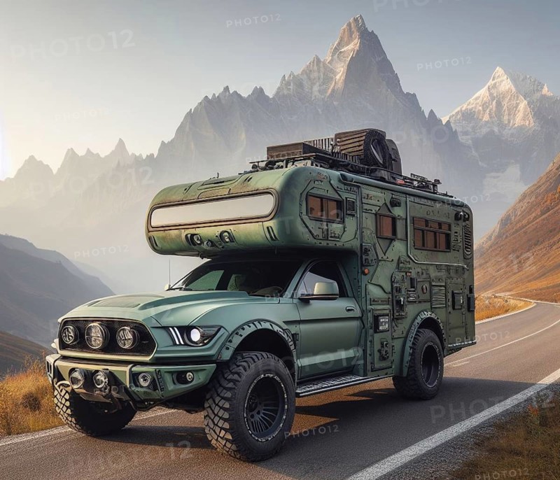 Matte green custom offroad american mustang 4x4 lifted vintage custom camper conversion jeep overlanding in mountain roads
