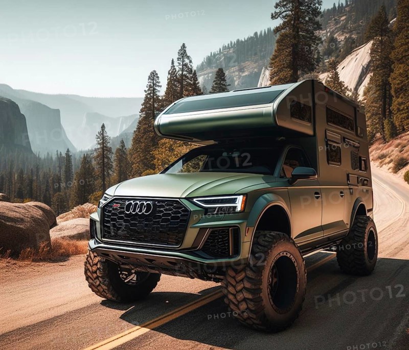 Green matte custom german q series offroad 4x4 lifted vintage custom camper conversion jeep overlanding in mountain roads