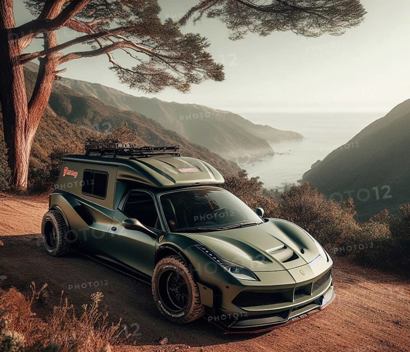 Green matte custom offroad 4x4 italian supercar ifted vintage custom camper conversion jeep overlanding in mountain roads