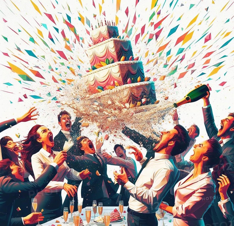 Group elegant people celebrate toxic gala birthday at club throw cake splash wine wild party dance shout laugh