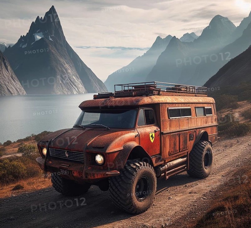 Rusty dirt offroad 4x4 red lifted vintage italian supercar custom camper conversion jeep overlanding in mountain roads