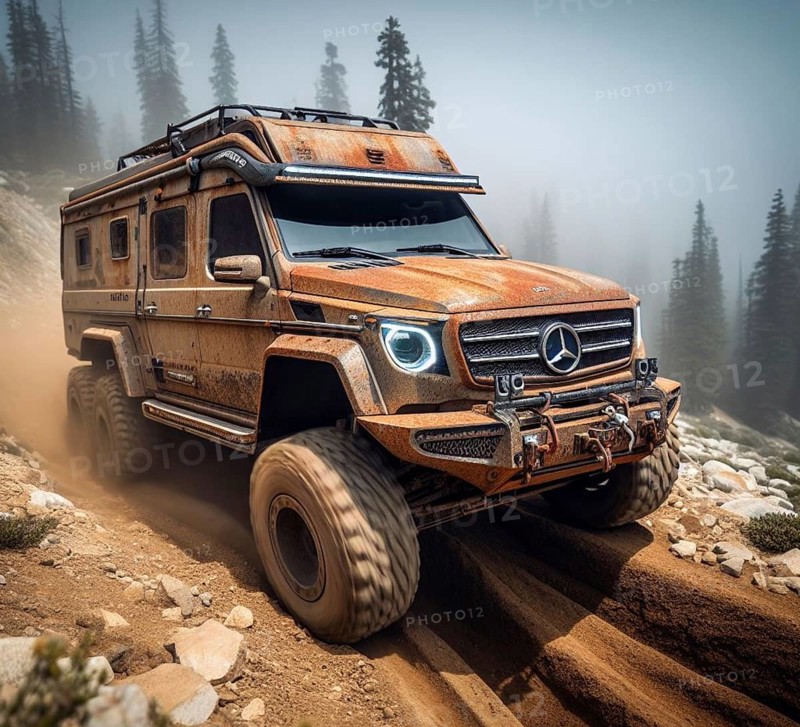 Rusty dirt offroad 4x4 g class lifted vintage custom camper conversion jeep overlanding in mountain roads
