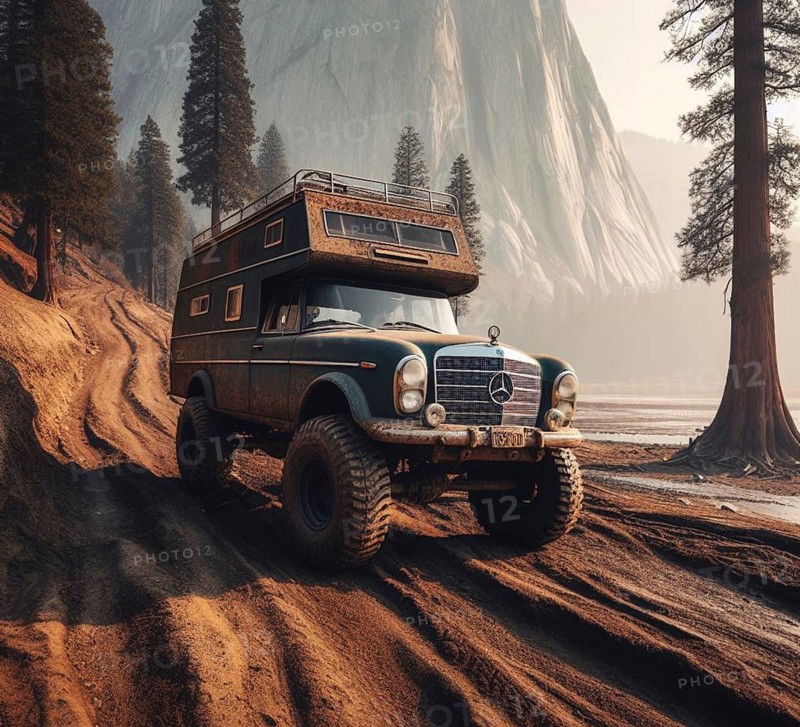 Rusty dirt offroad 4x4 classic german 60s mercedes lifted vintage custom camper conversion jeep overlanding in mountain roads