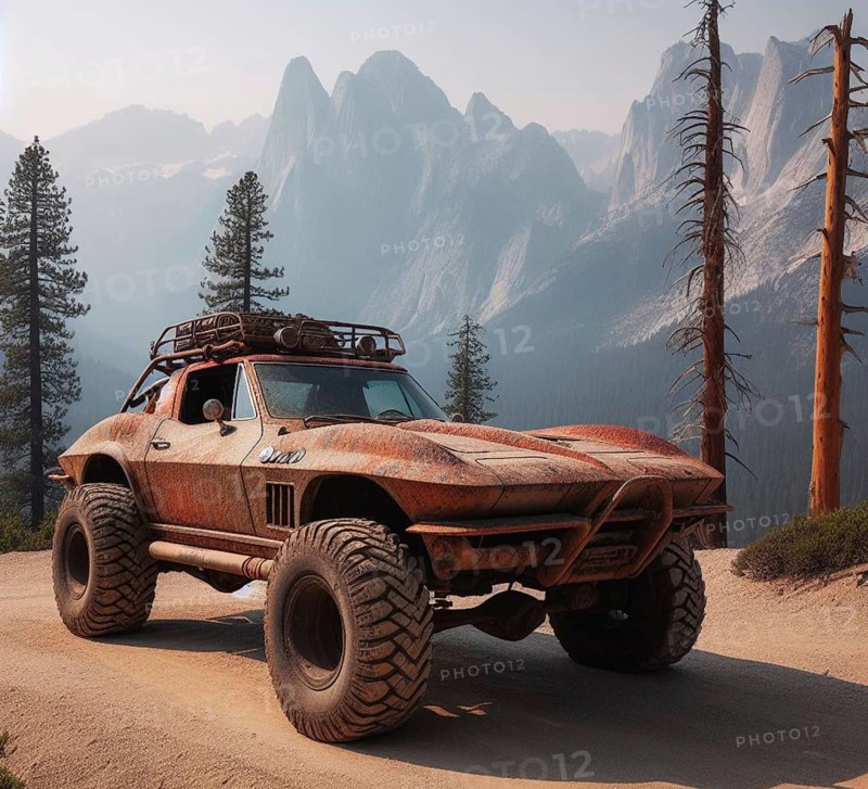 Rusty dirt offroad 4x4 60s american sports lifted vintage custom camper conversion jeep overlanding in mountain roads