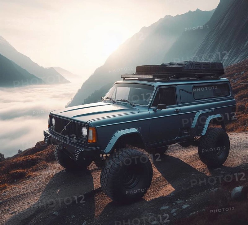 Rusty dirt offroad 4x4 swedish station wagolifted vintage custom camper conversion jeep overlanding in mountain roads