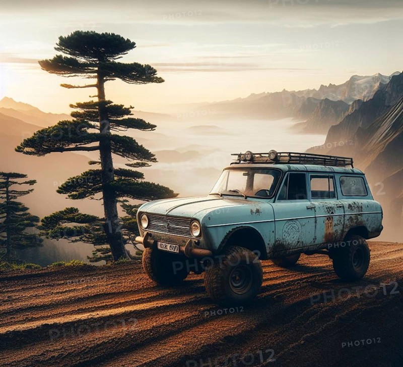 Rusty dirt offroad 4x4 lifted vintage custom camper conversion jeep overlanding in mountain roads