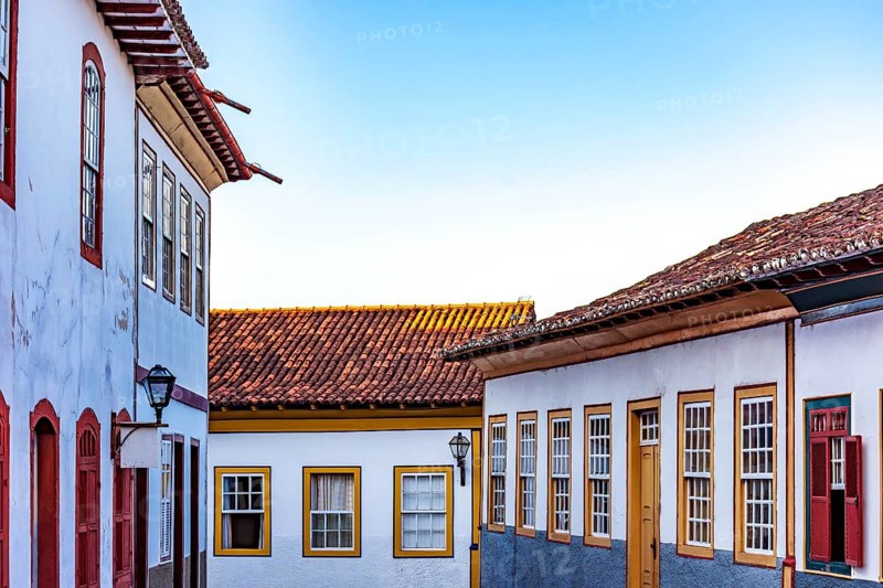 Facade of completely preserved colonial-style houses in the historic city of Diamantina in Minas Gerais