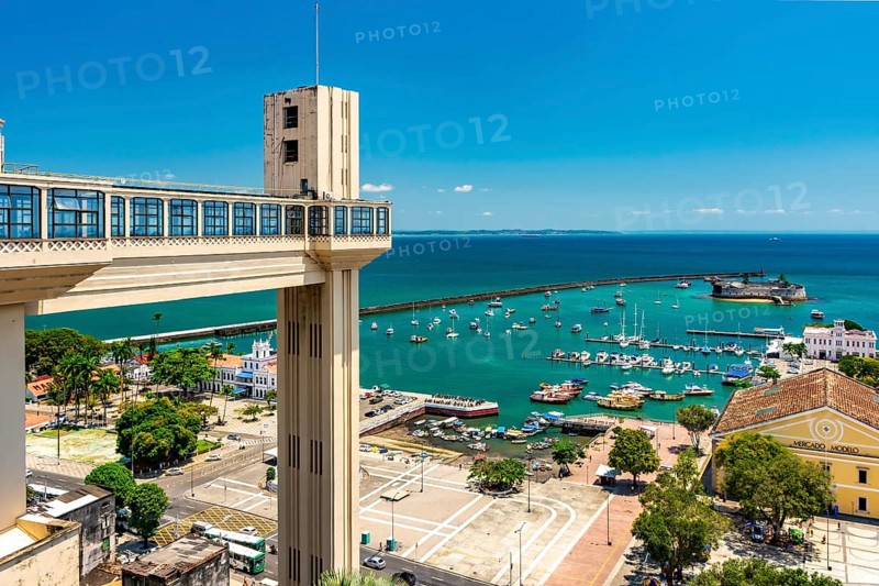 View of Baia de Todos os Santos and Elevador Lacerda on a sunny summer day in the city of Salvador in Bahia