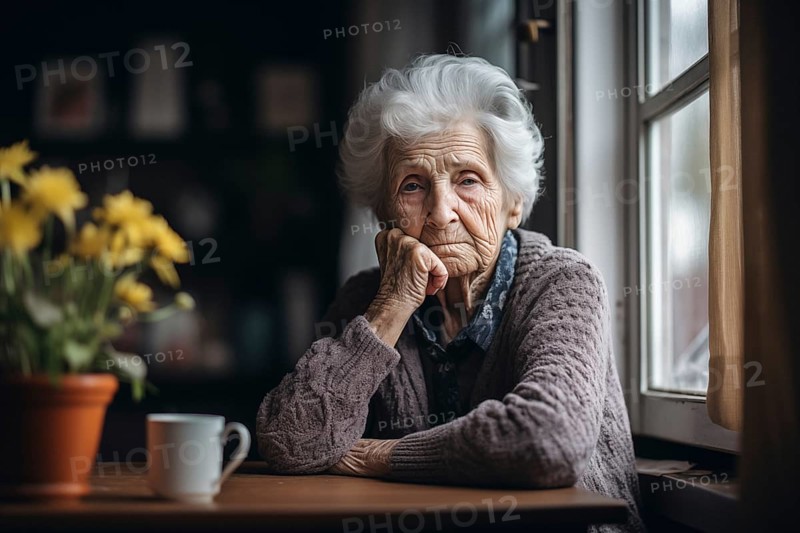Very elderly woman sitting alone in her living room next to a window. She has a sad facial expression showing her loneliness and social disconnect. AI generated