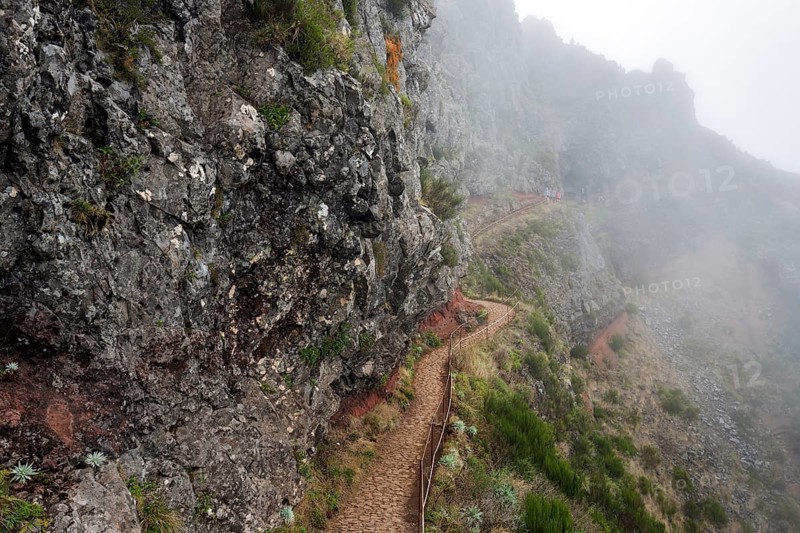 Hikers on the PR1 Vereda do Areeiro hiking trail in the fog