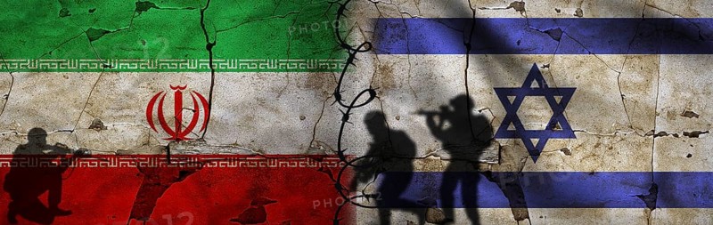 Conflict between Iran and Israel concept. Political tension between Iran and Israel. Israel vs Iran flag on cracked wall