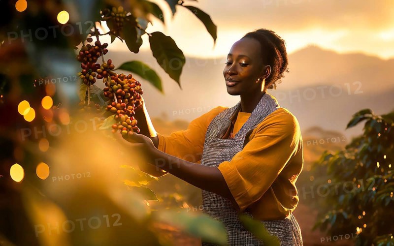 African woman harvesting on a coffee plantation