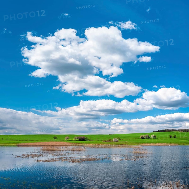 Small lake under blue sky with