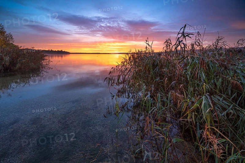 Clear still lake at sunrise