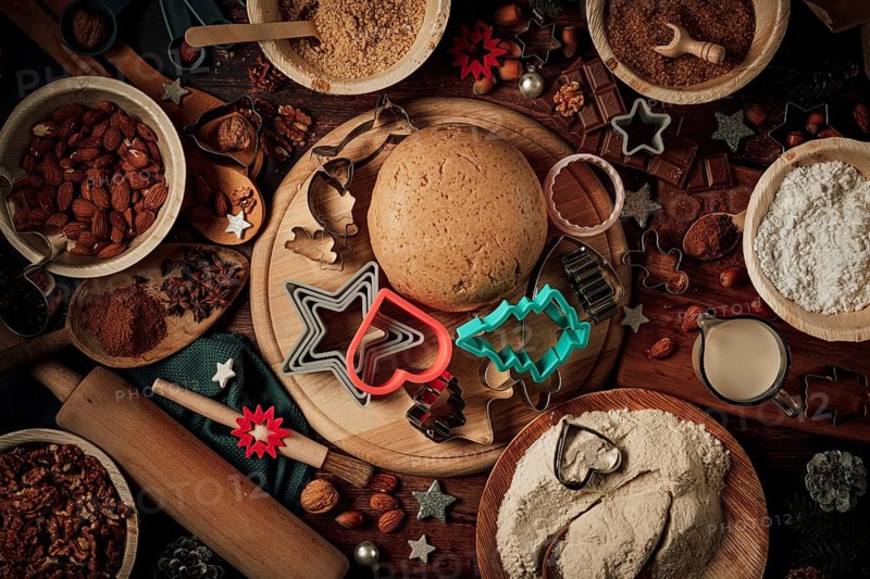 Dough ball and cookie cutters on a wooden board