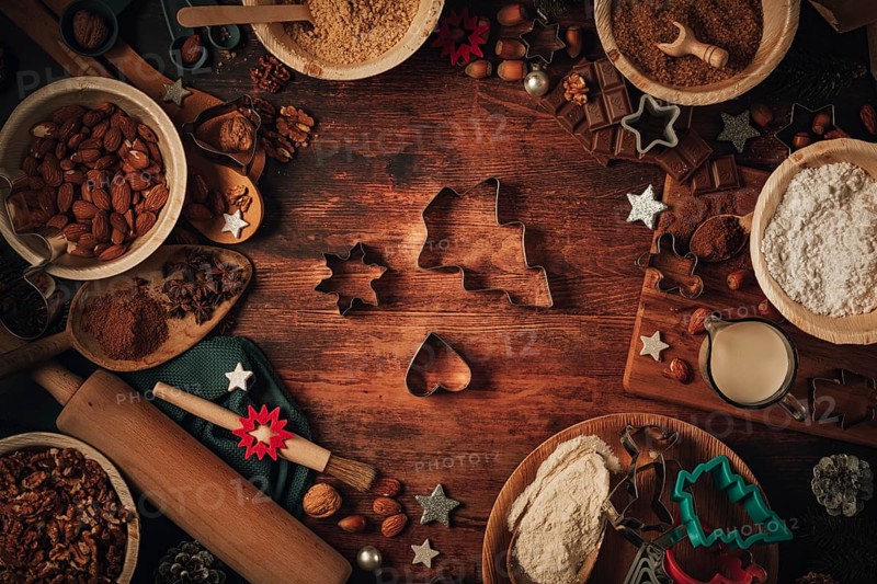 Baking ingredients and Christmas decorations