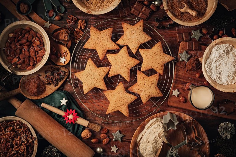 Baked Christmas biscuits on a cake rack