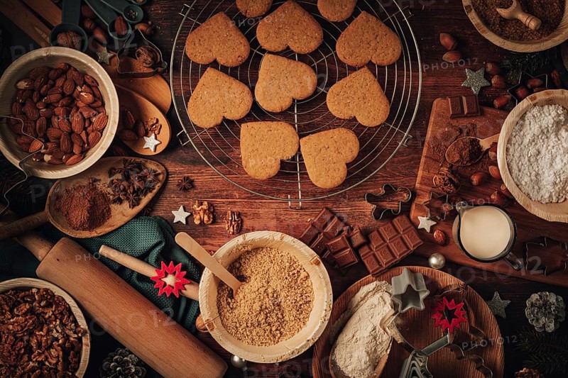 Baked Christmas biscuits on a cake rack