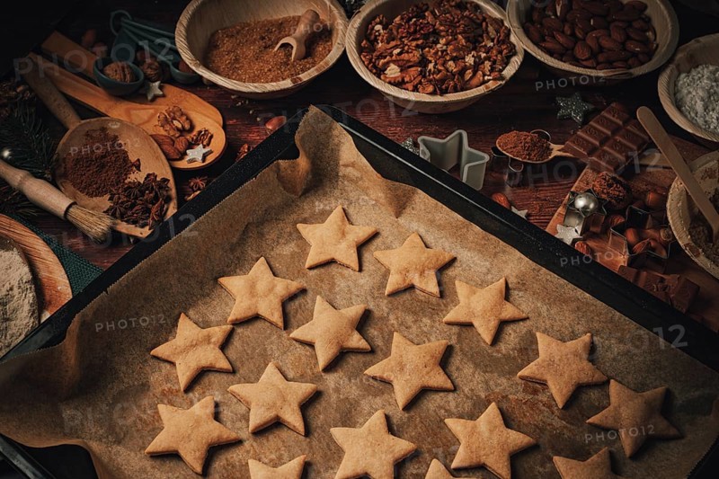 Cinnamon stars baked on baking tray