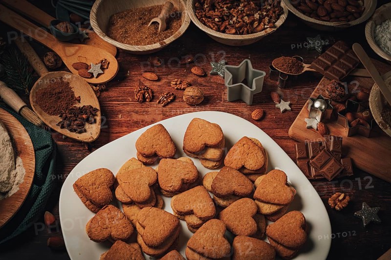 Heart-shaped biscuits baked on a plate