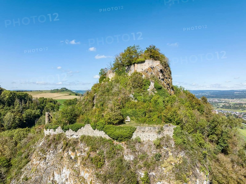 Aerial view of the Hegau volcano and Hohenkraehen castle ruins