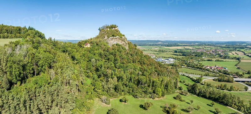 Aerial panorama of the Hegau volcano and Hohenkraehen castle ruins