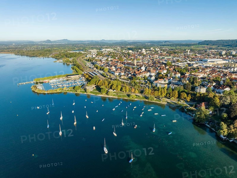 Aerial view of the town of Radolfzell on Lake Constance with the Waeschbruck harbour