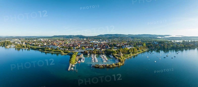 Aerial panorama of the town of Radolfzell on Lake Constance with the Waeschbruckhafen