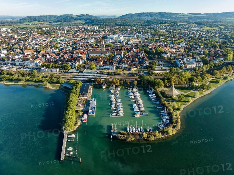 Aerial view of the town of Radolfzell on Lake Constance with the Waeschbruck harbour