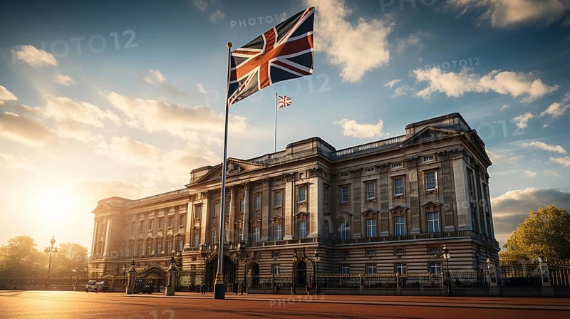 Flag of England in front of Buckingham Palace