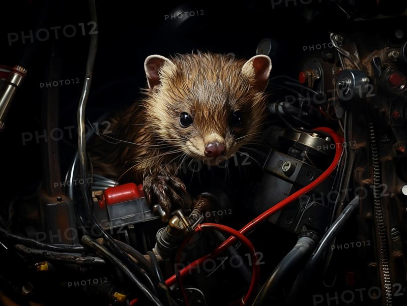 A marten gnaws on a cable in the engine compartment of a car