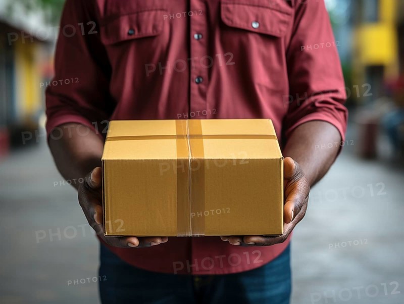 Postman parcel delivery person delivers a package
