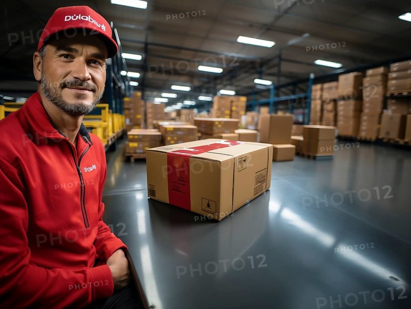 Postman parcel delivery man sorts packages in a warehouse