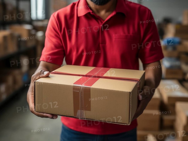 Postman parcel delivery man sorts packages in a warehouse