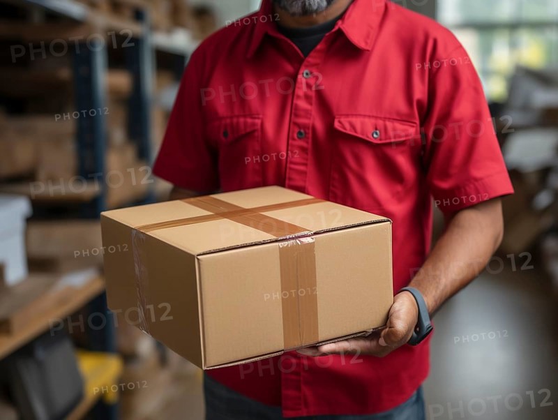Postman parcel delivery person delivers a package