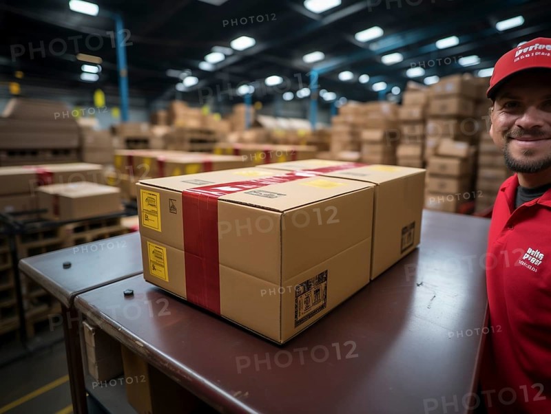 Postman parcel delivery man sorts packages in a warehouse