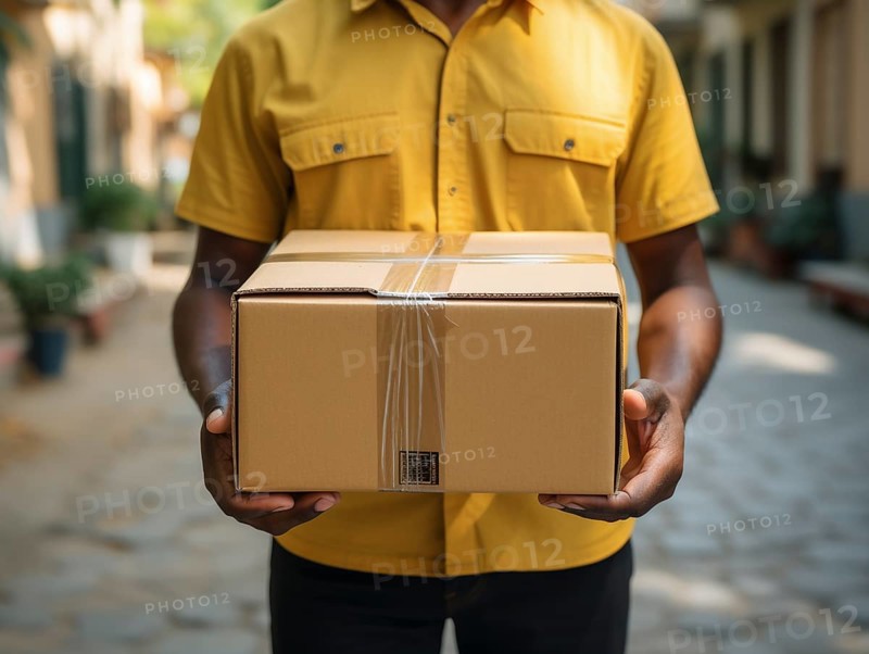 Postman parcel delivery person delivers a package