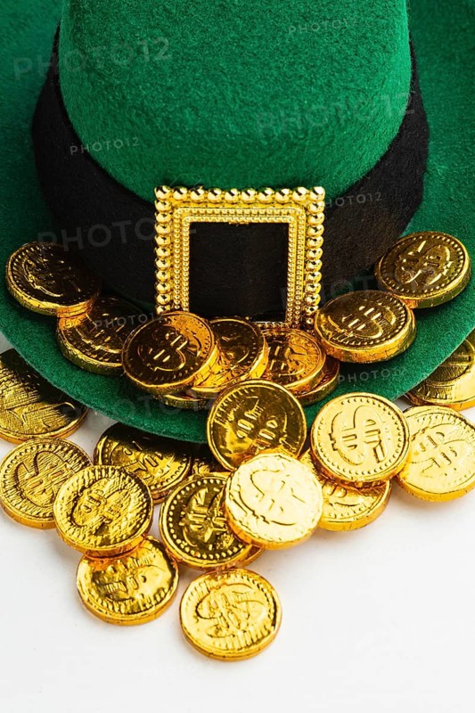 High angle leprechaun hat coins