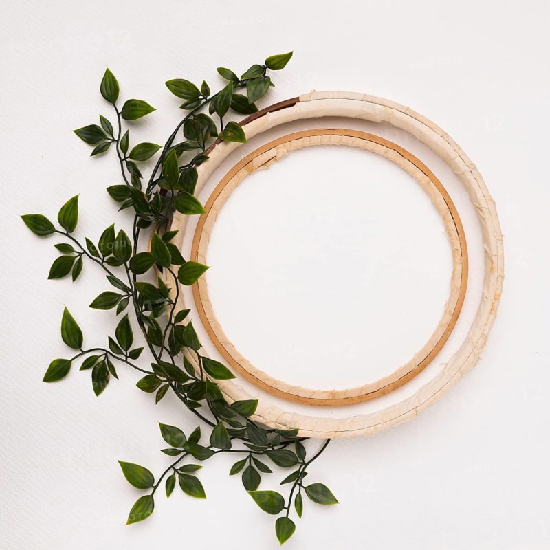 Leaves decoration with empty wooden circles white backdrop