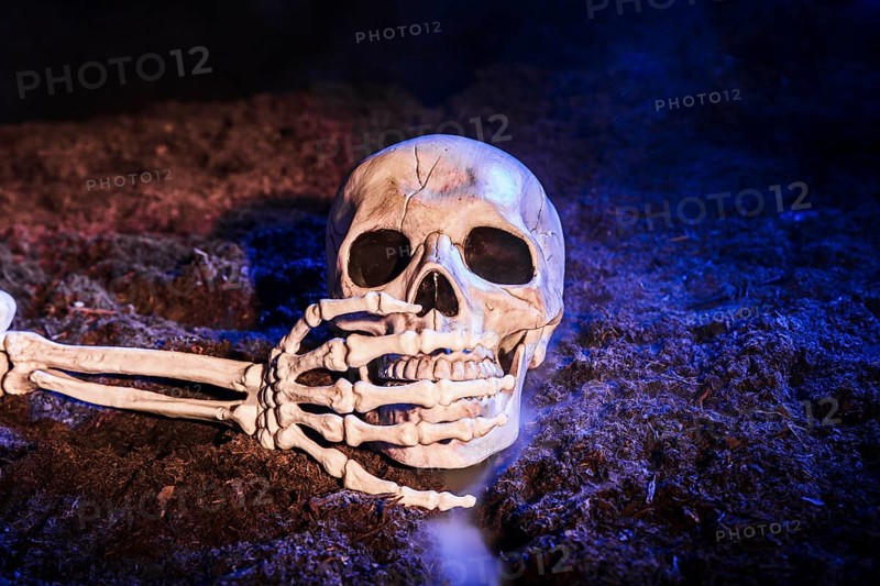Skeleton s hand closing skull s tooth ground