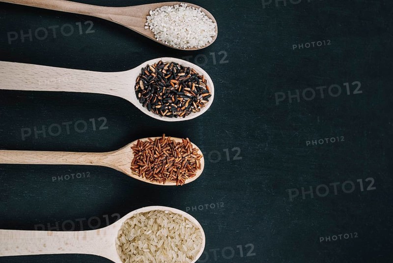Spoons with various rice types